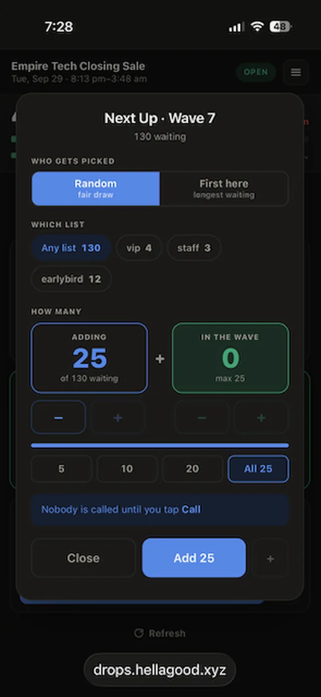 The Add sheet: random or first here, which list, and how many