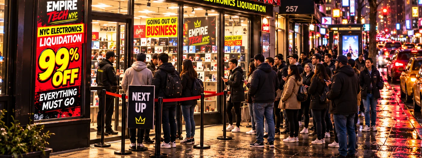 A roped pen and a Next Up sign outside an electronics store on a wet New York street