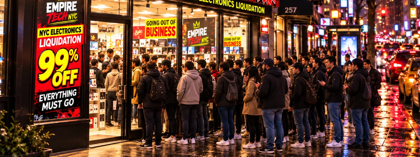 A crowd pressed against the windows of an electronics store on a wet New York street