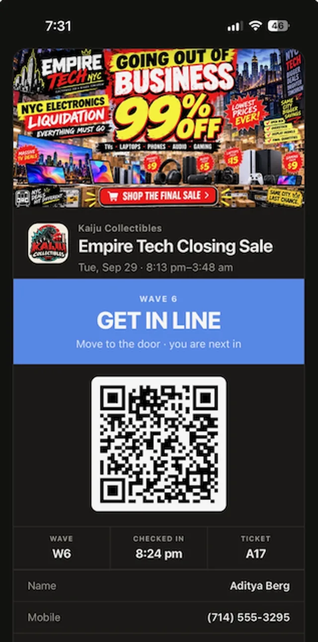 A called pass reading Get in line, wave W6, ticket A17