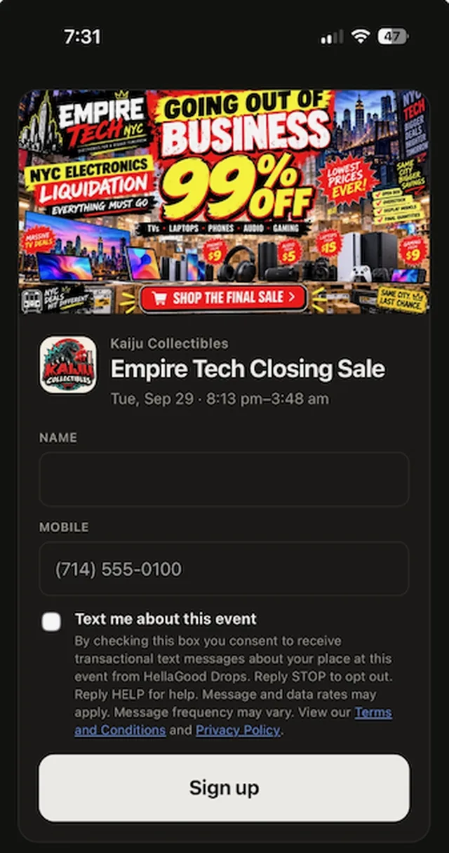 The signup form under the store's own going-out-of-business banner
