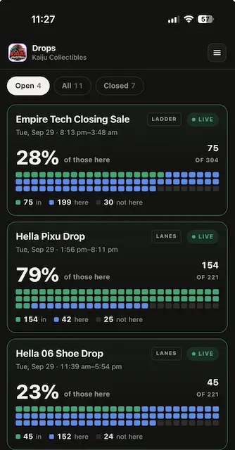 The drops home screen showing three live drops
