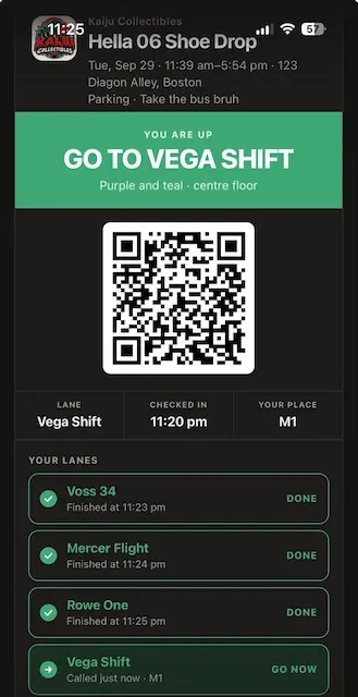 A guest's pass showing three lanes finished with green checks and the fourth called