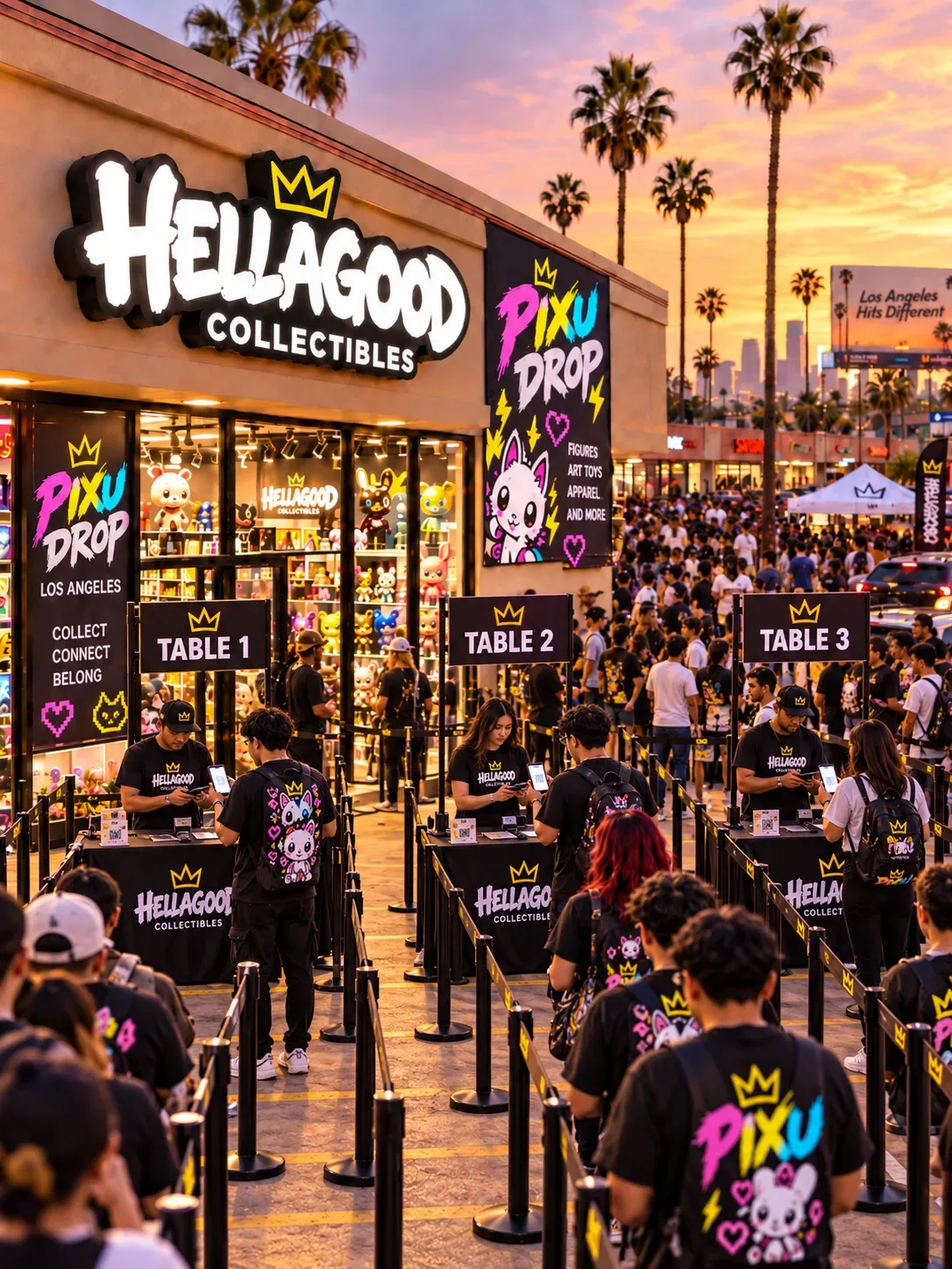 Three roped lines behind signs reading Table 1, Table 2 and Table 3 outside a collectibles shop