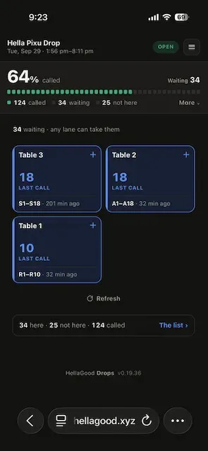 The Drops board showing three tables and 34 people waiting, with the line any lane can take them