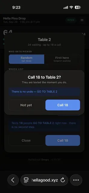The confirm sheet reading Call 18 to Table 2, there is no undo