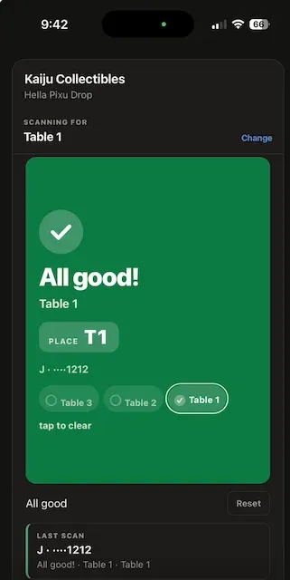 A staff phone showing All good, Table 1, place T1, with the guest's other tables below