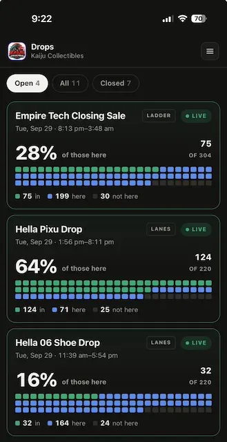 The drops home screen showing three live drops with progress