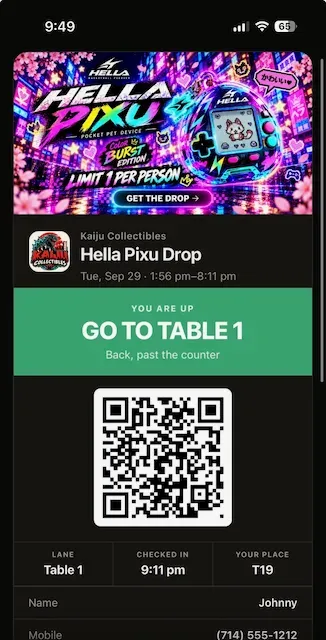 A called pass reading You are up, Go to Table 1, place T19