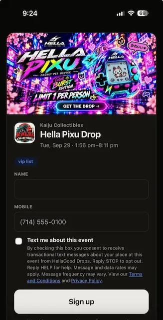 The signup page with the Pixu banner and a vip list chip